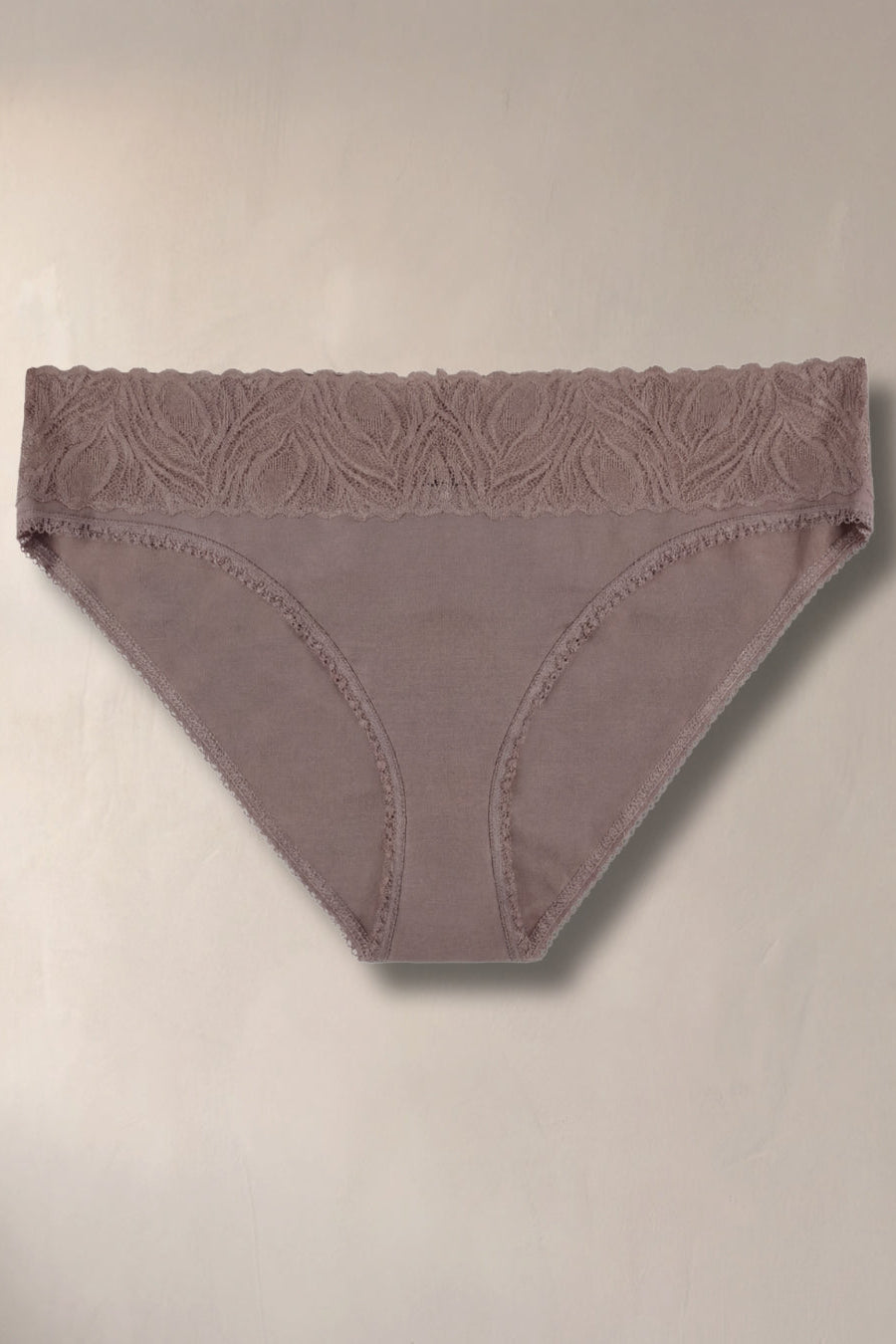 True Taupe lace-trimmed underwear from camofleur on a beige background