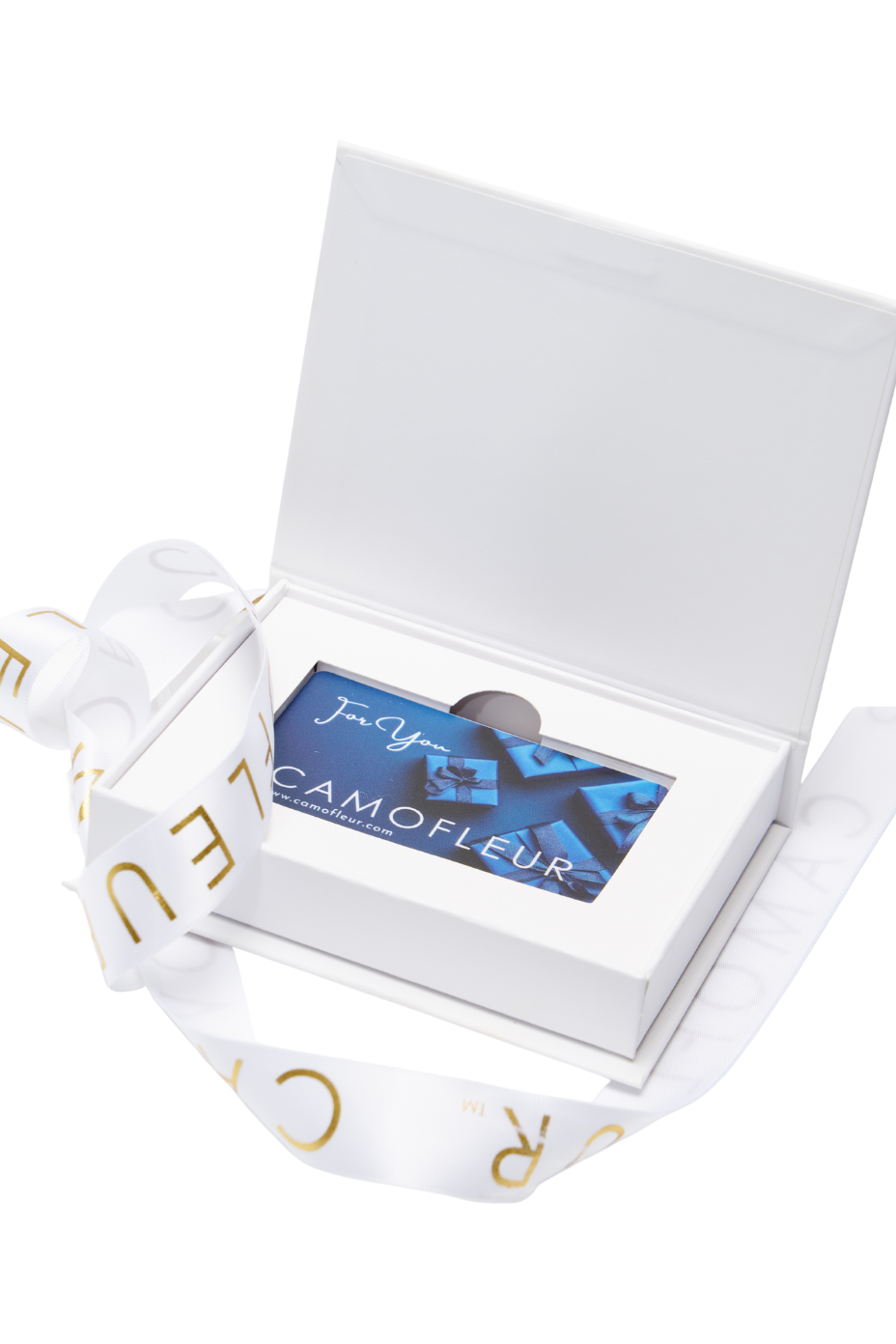 White gift box with a blue card inside, wrapped with a decorative ribbon on a white background.