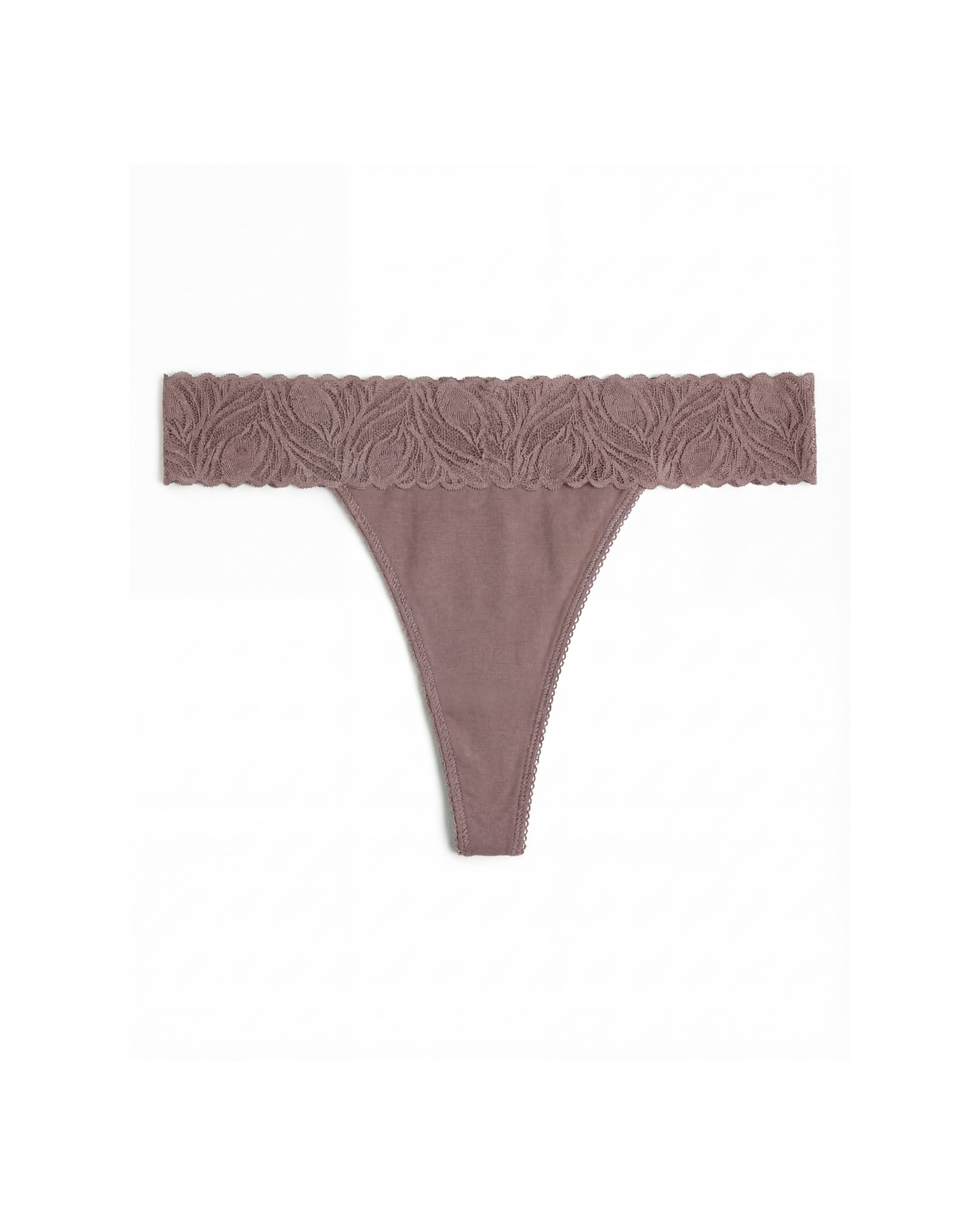 taupe thong with lace detailing on a white background from Camofleur