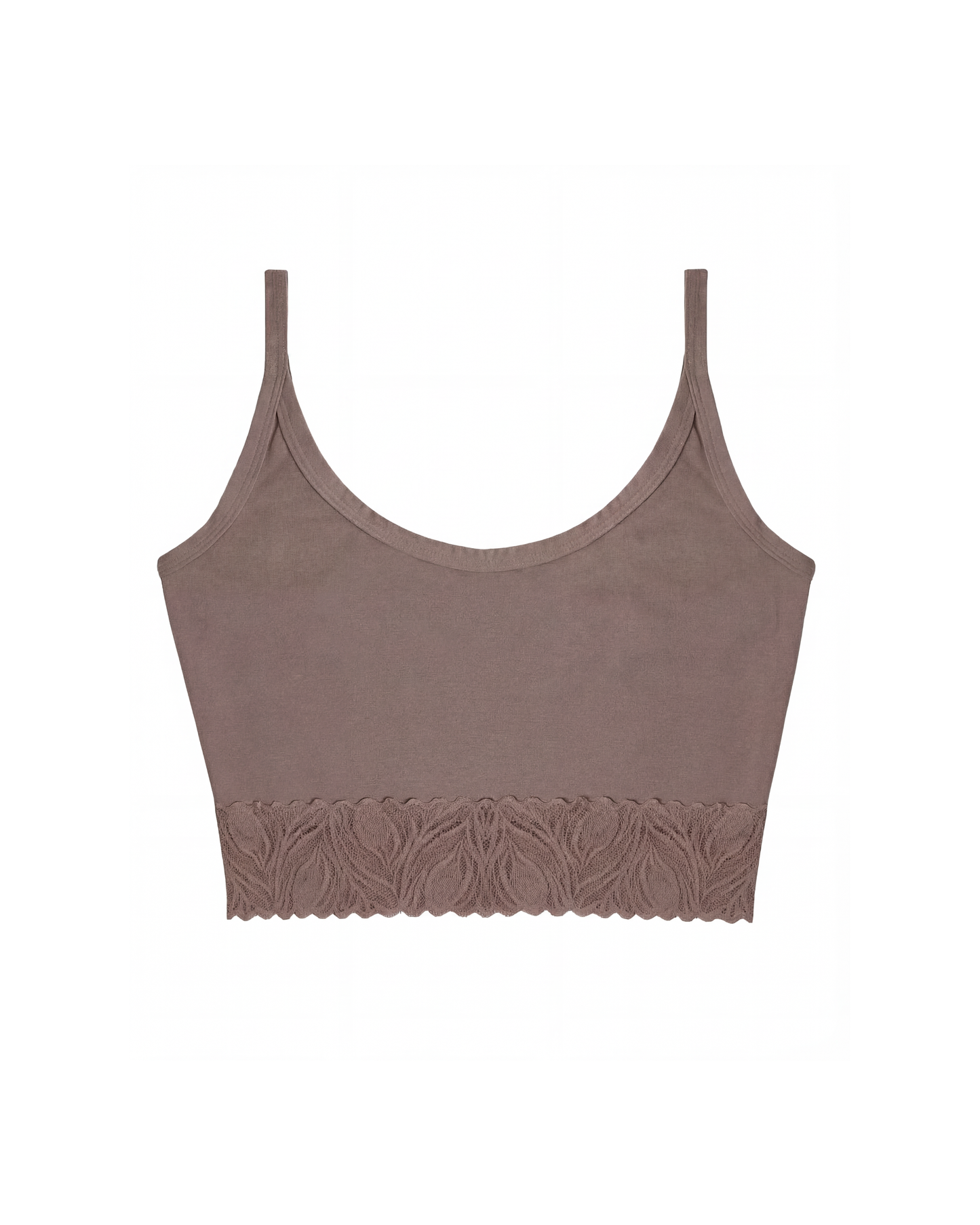 Taupe crop top with lace trim on a white background from Camofleur