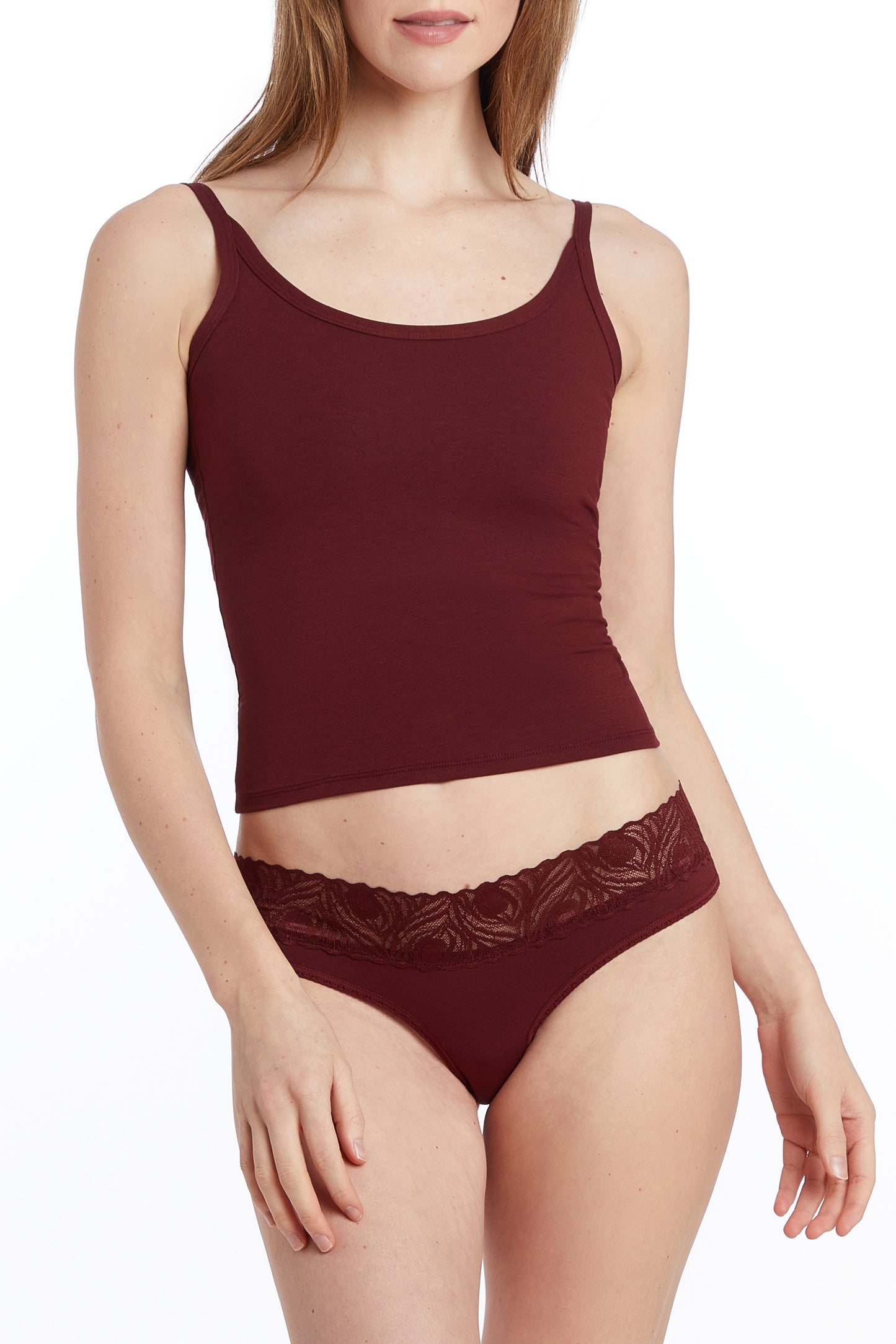 This image displays the Camofleur Signature Cheekini, a piece of women's underwear designed for both comfort and style. The Cheekini is crafted from a blend of sustainable bamboo and cotton, featuring a leak-proof built-in panty liner for added convenience.