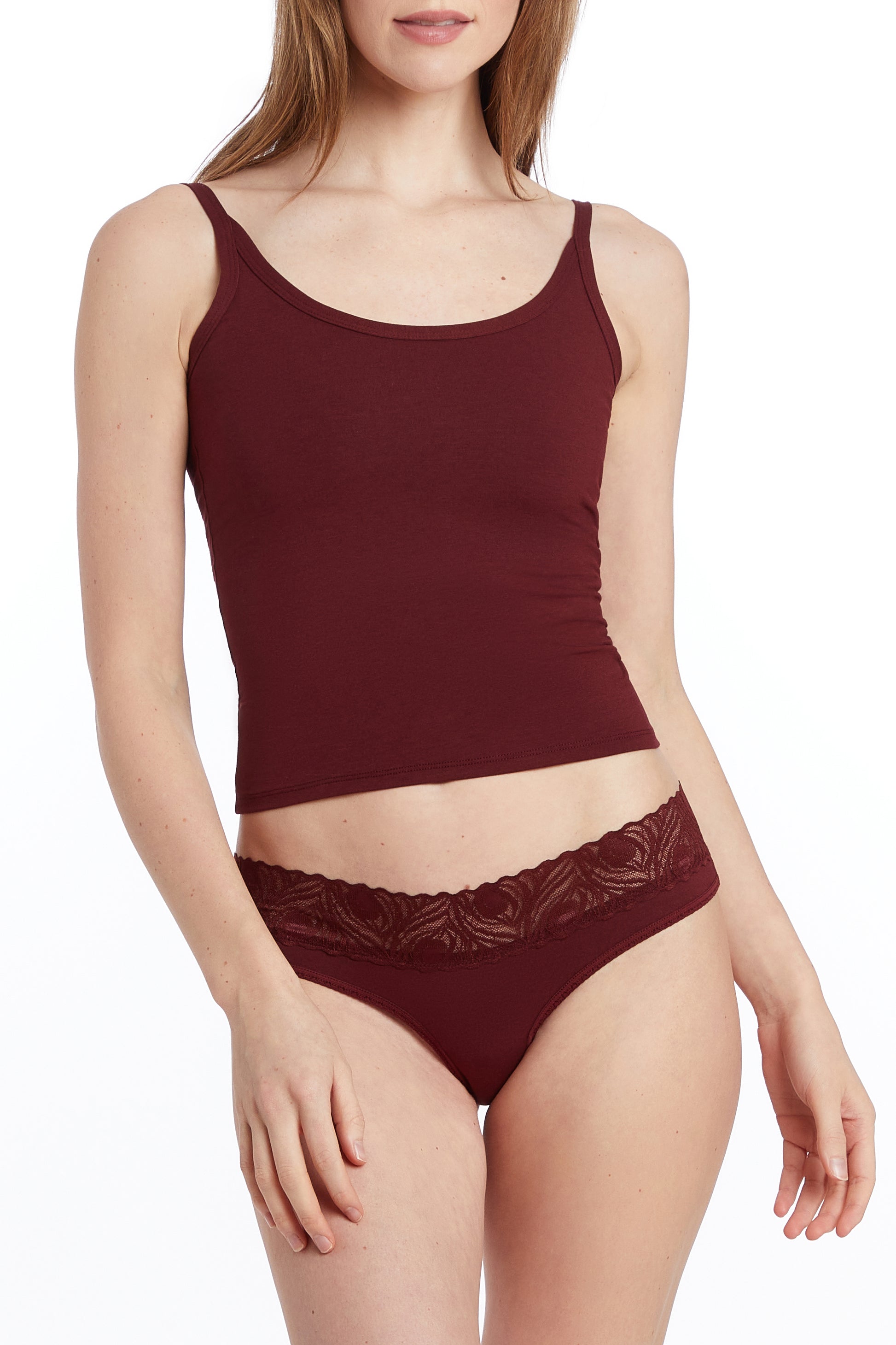 This image displays the Camofleur Signature Cheekini, a piece of women's underwear designed for both comfort and style. The Cheekini is crafted from a blend of sustainable bamboo and cotton, featuring a leak-proof built-in panty liner for added convenience.