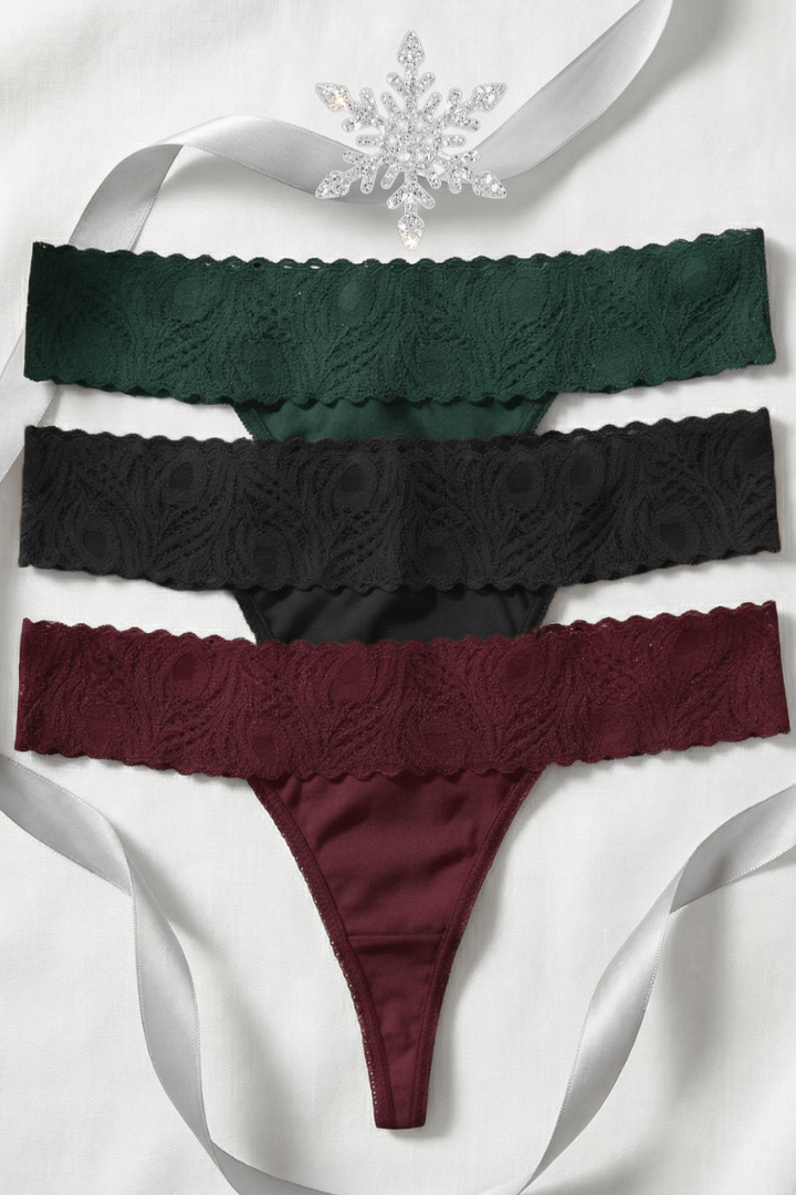a trio of camofleur thongs in forest green, noir black and bordeaux red