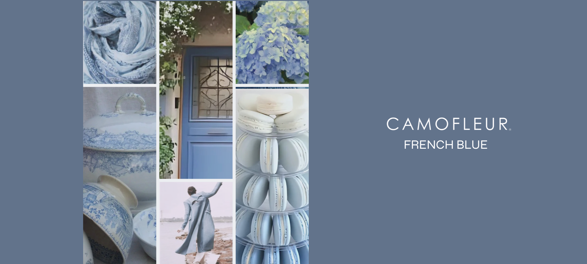 Collage of blue-themed products and scenes with 'Camofleu' branding on a blue background.