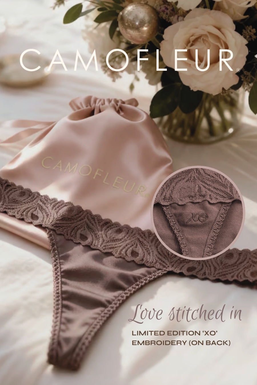 Camofleur limited edition true taupe thong with xo embroidery on the back
