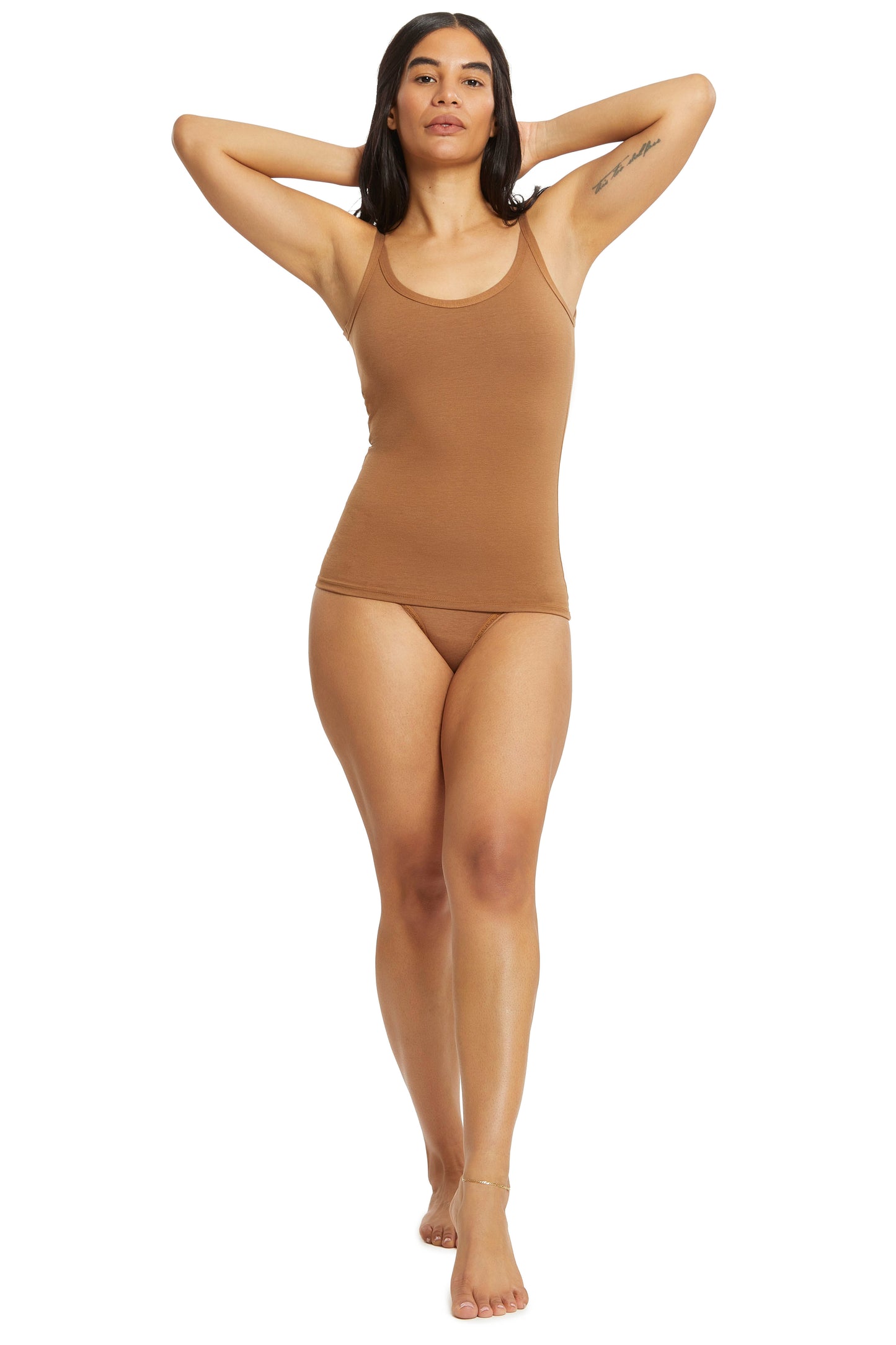 woman wearing camofleur long scoop tank and underwear in cedar brown