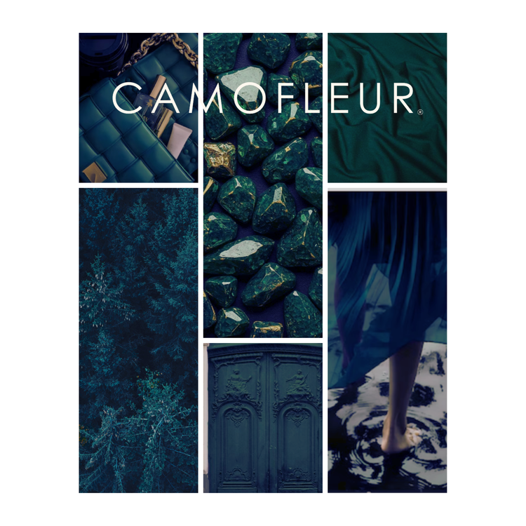 Collage of dark blue and green textures with 'Camofleur' brand name.