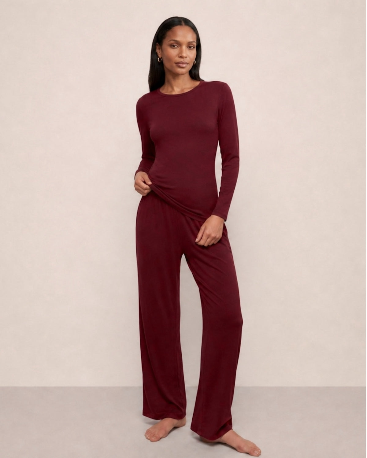 Fitted Long Sleeve + Lounge Pants in Bordeaux Red