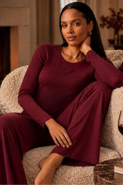 Bamboo Lounge Pants + Fitted Long Sleeve Top in Bordeaux Red