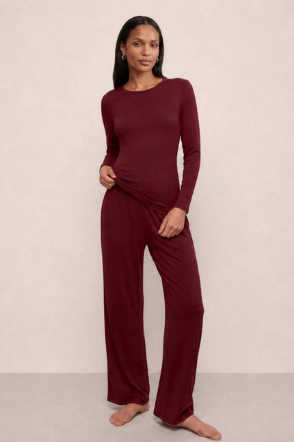 Bamboo Lounge Pants + Fitted Long Sleeve Top in Bordeaux Red