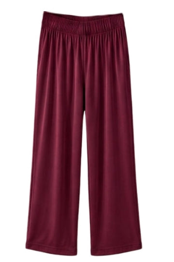 a pair of bamboo bordeaux lounge pants from camofleur hanging on a white background