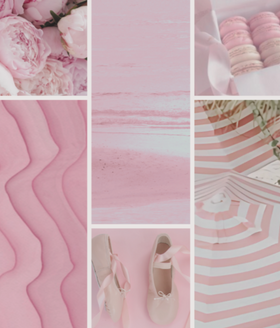 Collage of pink-themed images including flowers, macarons, and patterns.