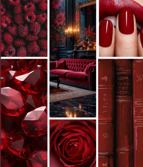 Collage of red-themed images including raspberries, a red couch, red gemstones, and a red rose.
