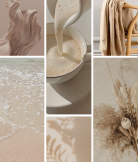 Collage of images featuring beige and brown tones including a bowl with liquid, a chair with a blanket, and natural elements.