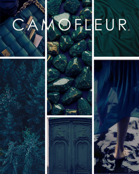 Collage of teal and green textures with 'Camofleur' branding.