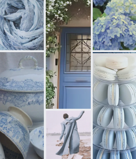 Collage of blue and white items including towels, flowers, and ceramics.