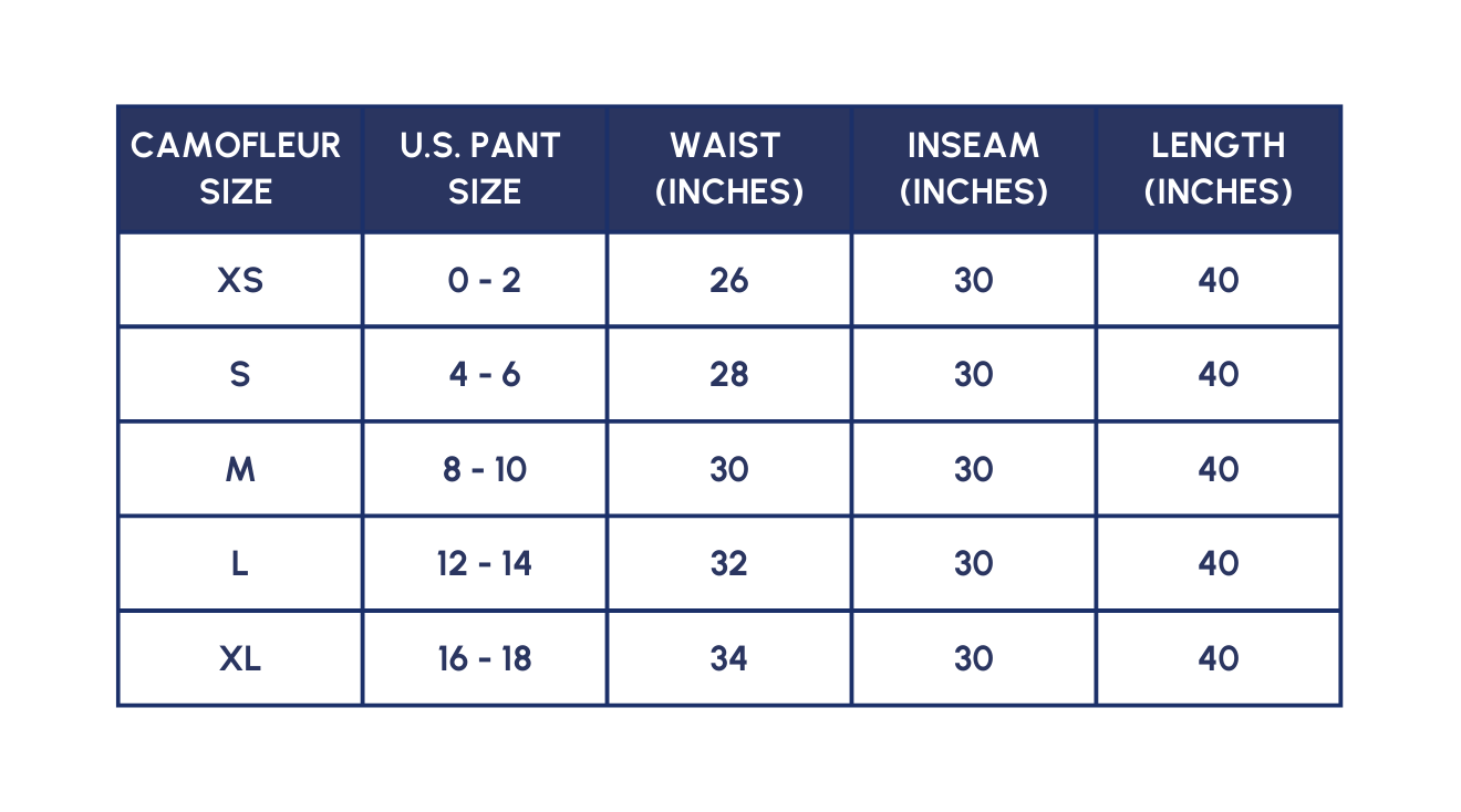 Size chart for bamboo lounge pants from Camofleur