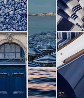Collage of blue-themed images including pebbles, fabric, architecture, and water.