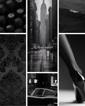 Black and white collage of various scenes including a city street, high heel shoe, and decorative patterns.