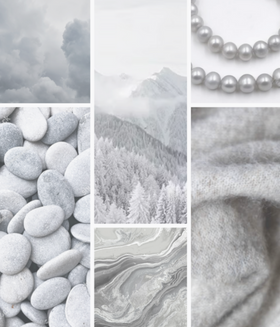 Collage of gray and white stones, mountains, and pearls.