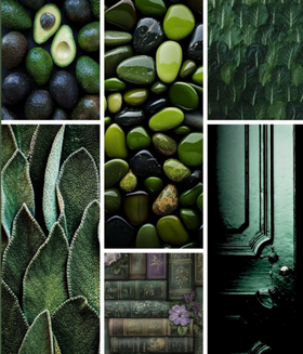 Collage of various green textures and objects including avocados, stones, leaves, and a door.