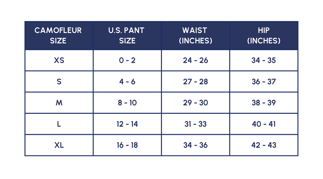 Size chart for underwear from camofleur