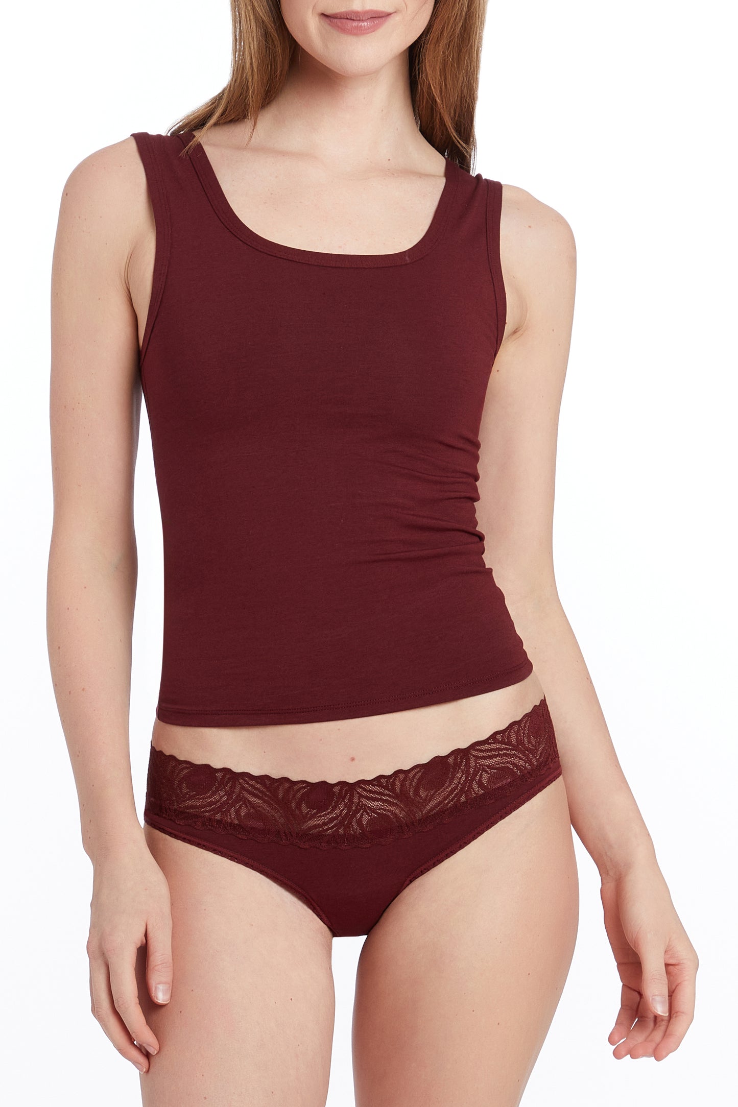 woman in camofleur classic tank in a deep bordeaux red and made of bamboo cotton