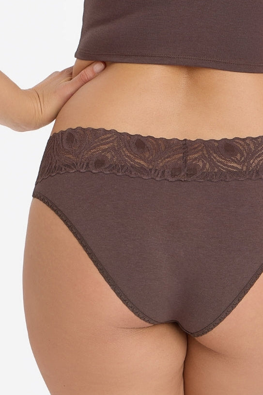 chocolate Brown crop tank top and low rise bikini brief underwear from camofleur set on a plain background