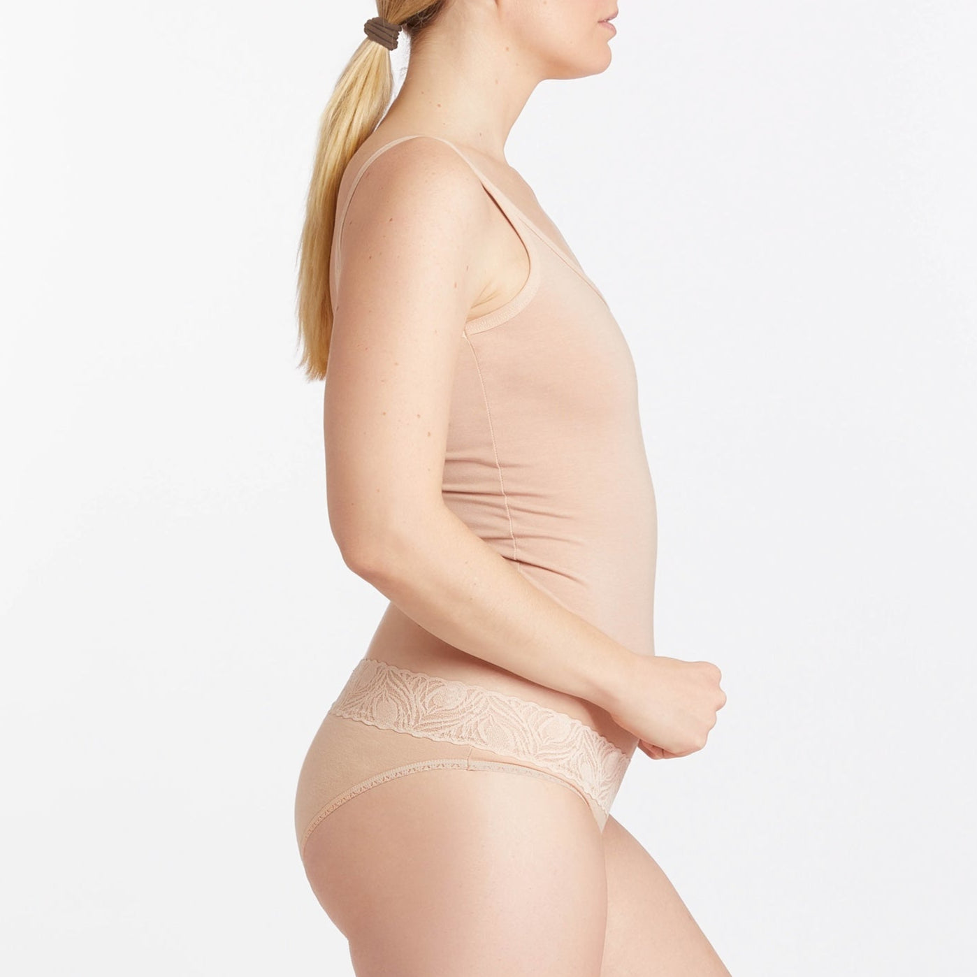 woman wearing beige camofleur scoop tank and bikini underwear