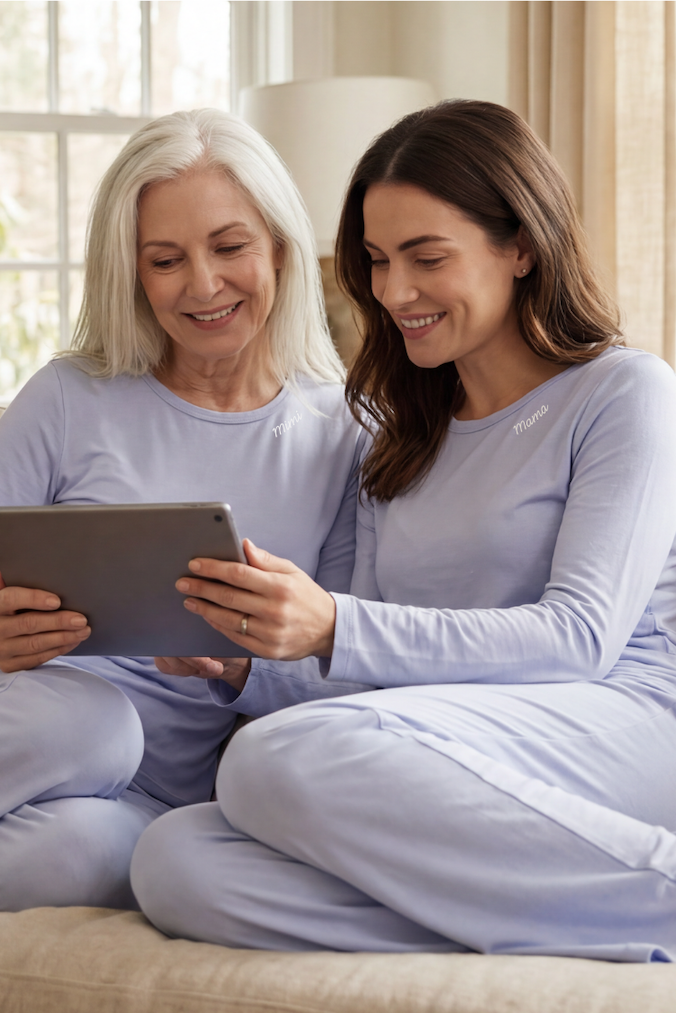 Two women in chambray loungesets sitting on a couch, looking at a tablet together.