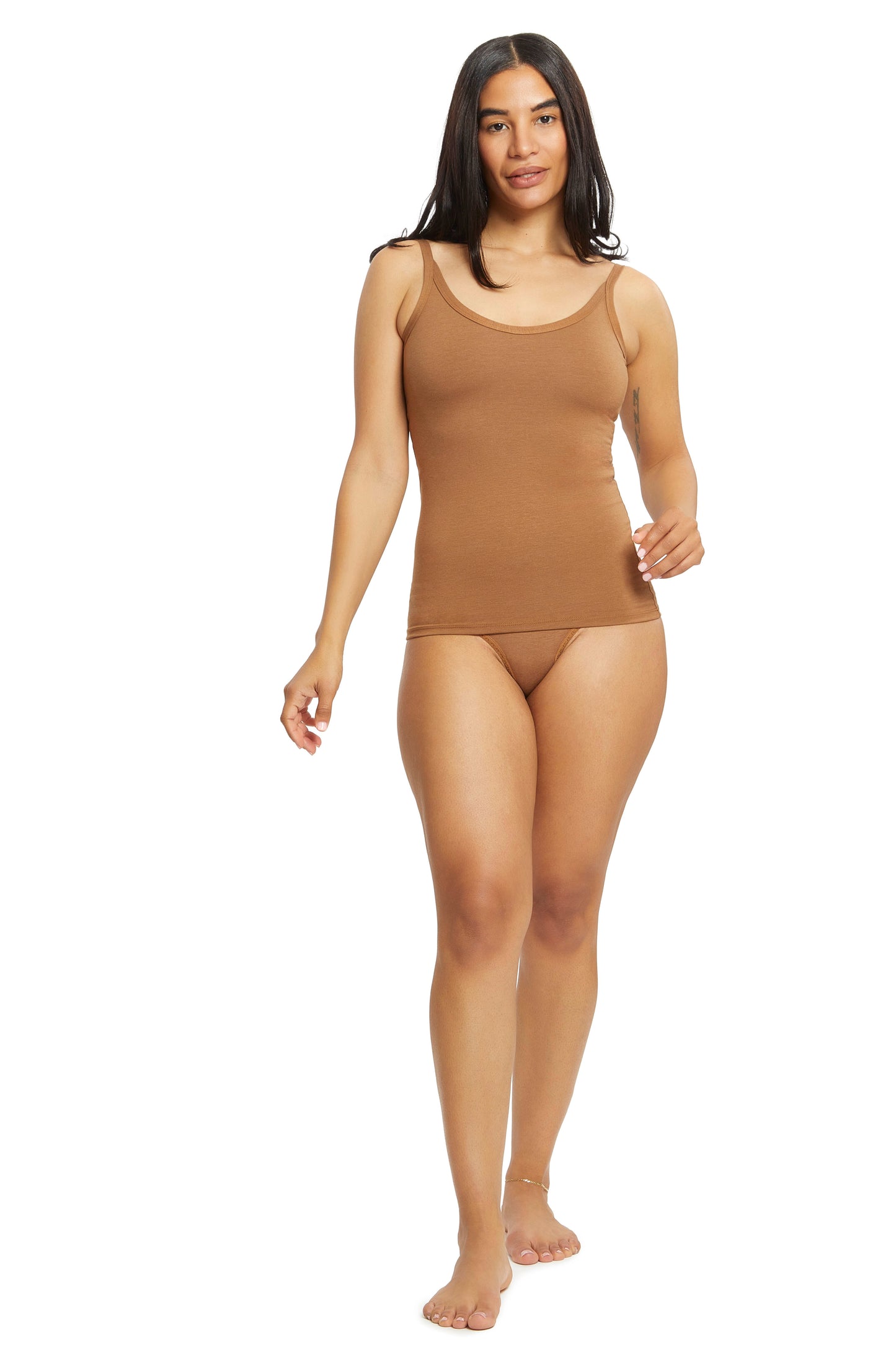 woman wearing camofleur long scoop tank and underwear in cedar brown from the front