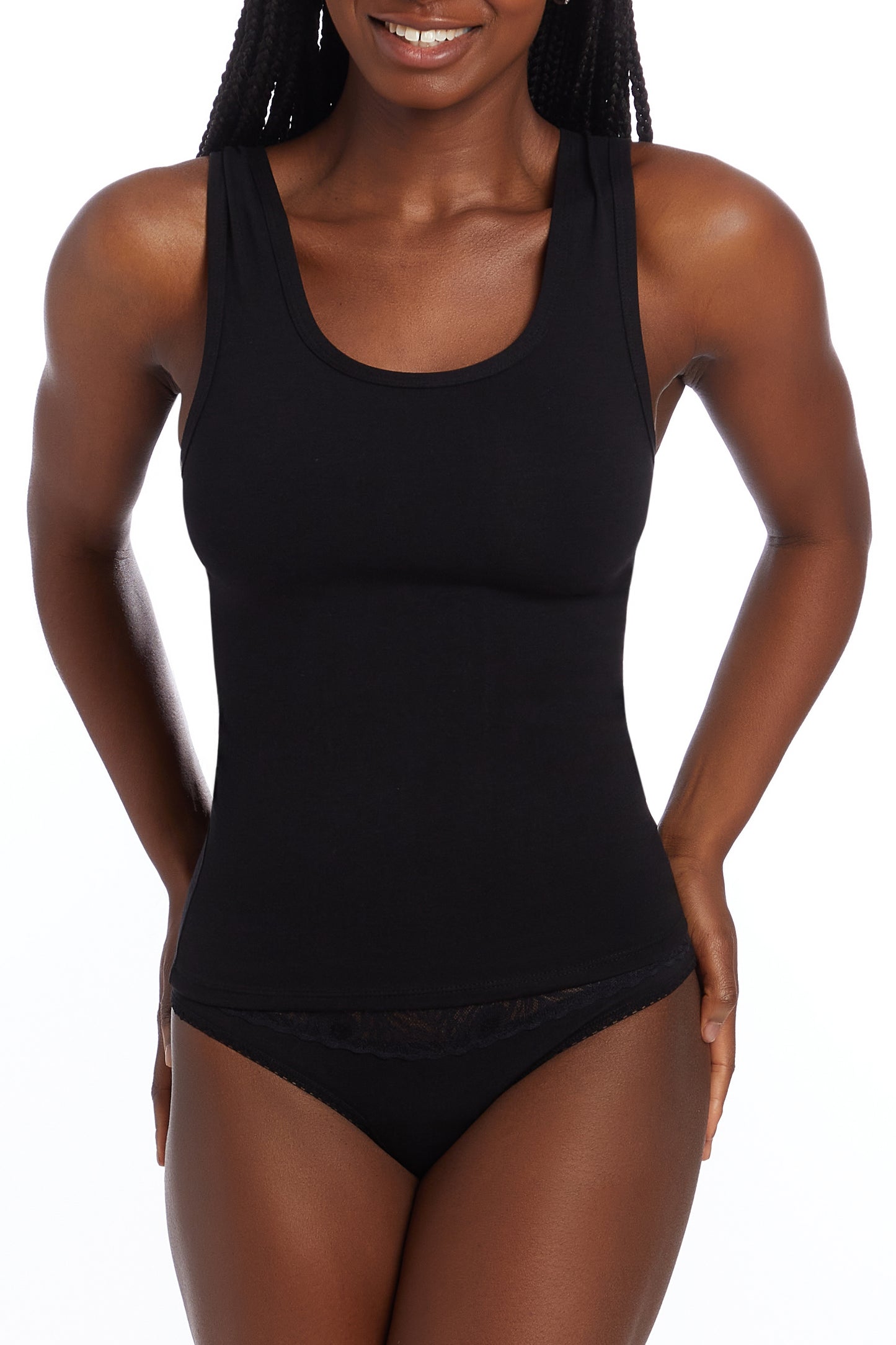 This image features the "Camofleur Classic Tank," a stylish and versatile garment made from a soft blend of bamboo and cotton. The tank top is displayed in a subtle grey color, emphasizing its sleek and smooth design.