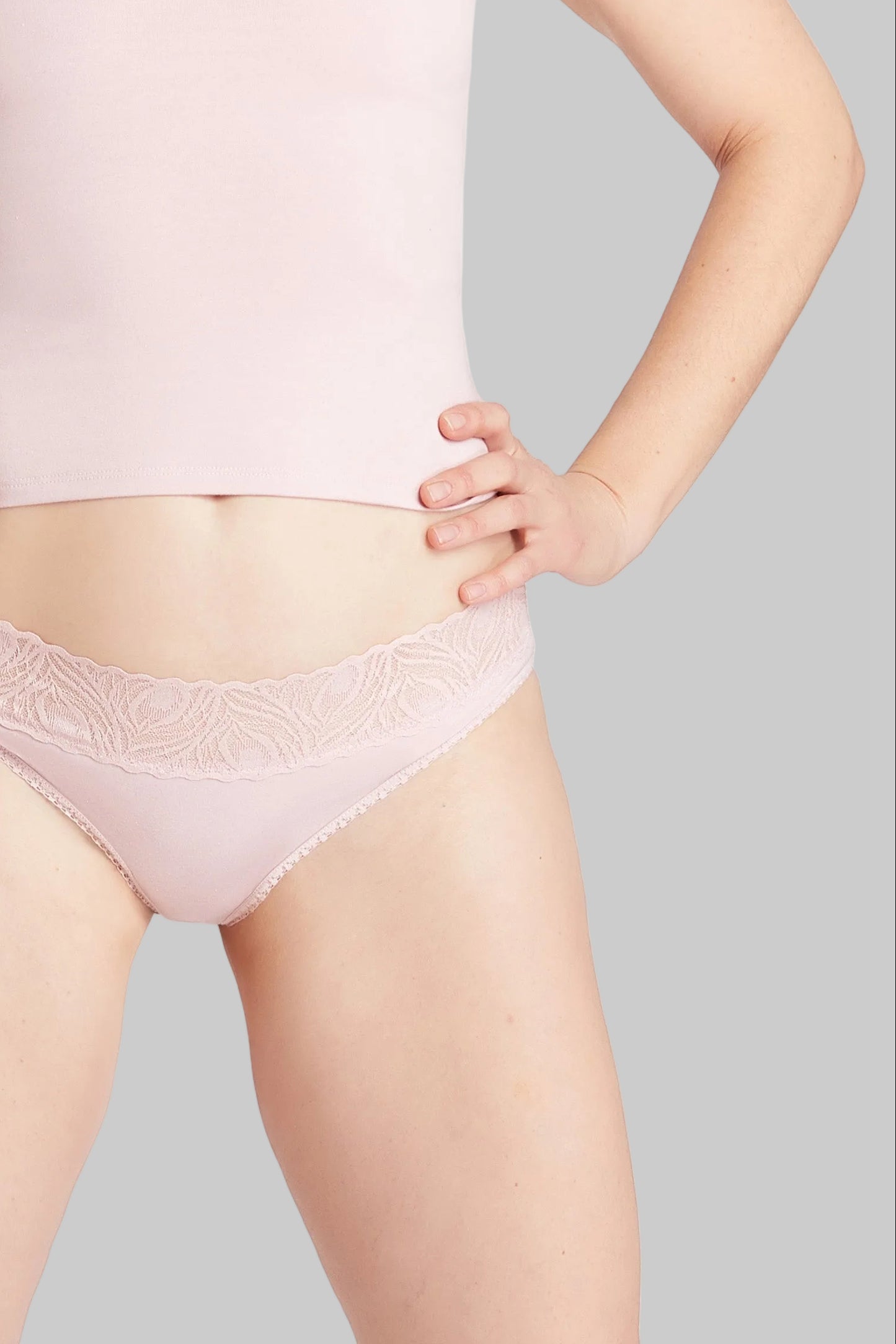 This image features the Camofleur Signature Low Rise Bikini, designed for both comfort and style. The bikini is crafted from a blend of sustainable bamboo and cotton materials, emphasizing both environmental responsibility and softness against the skin.