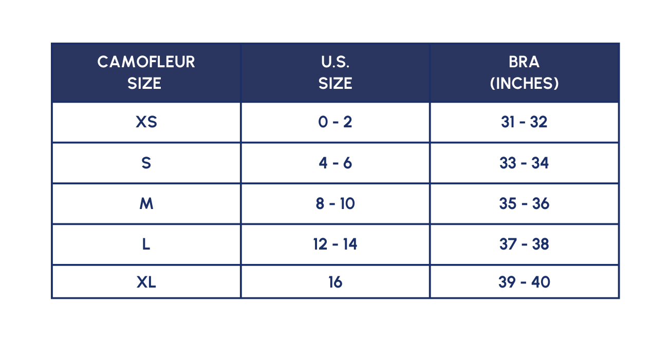 Size chart for Camofleur tops and bodysuits in U.S. size and bra size measurements.